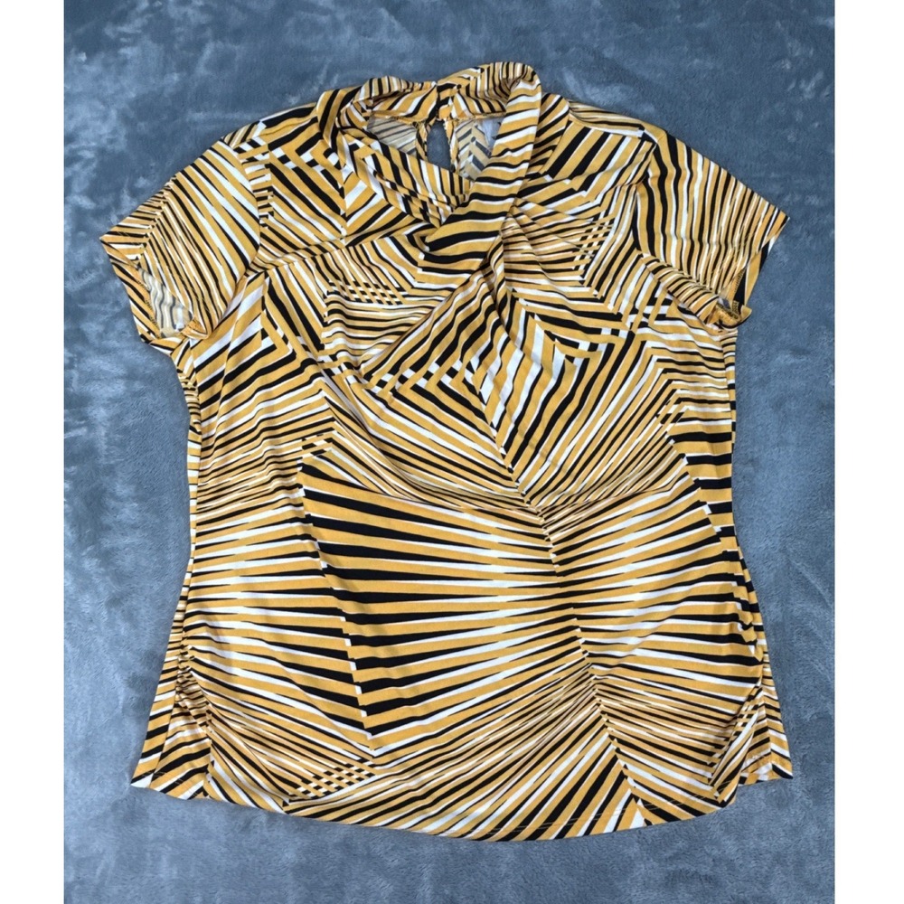 Worthington Stretch Yellow Black Striped Geometric Twist Neck Blouse Top‎ Large